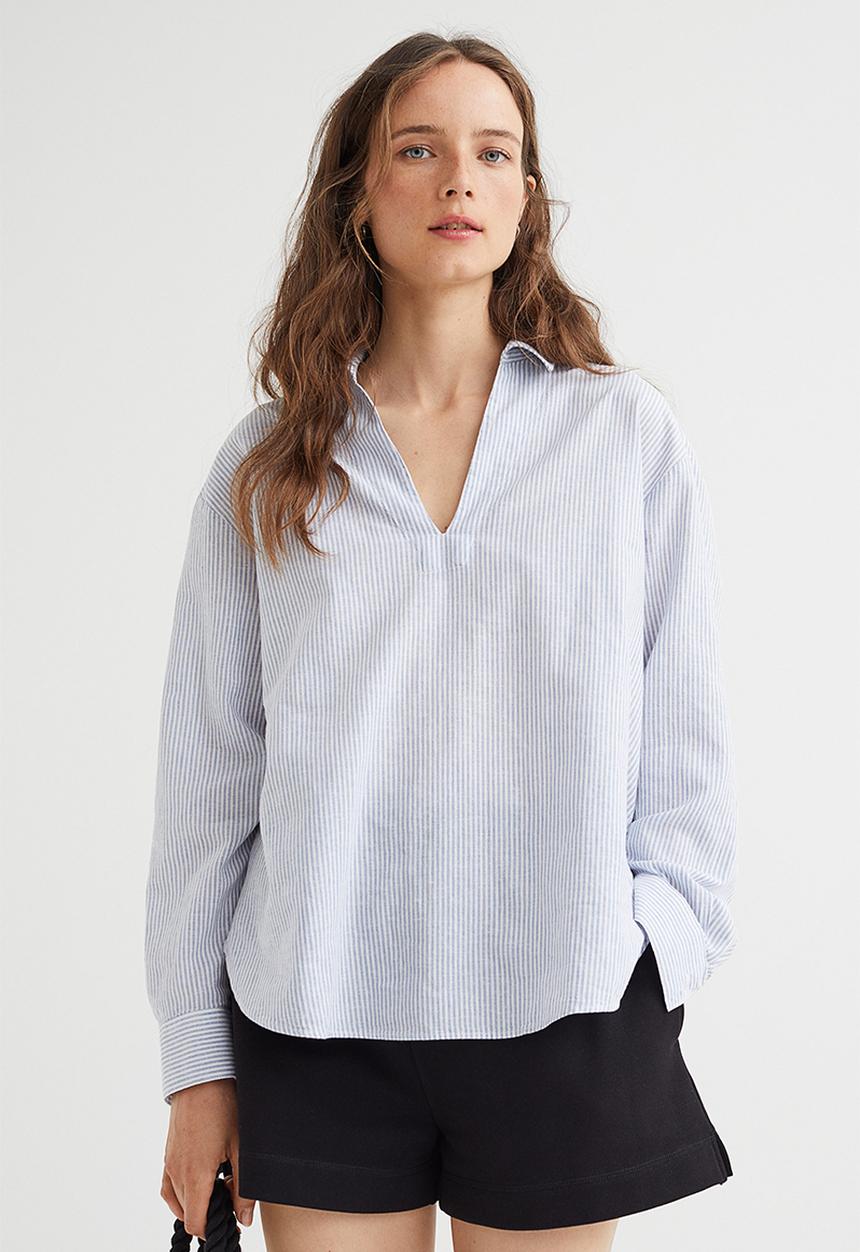 H&M - Popover linen-blend shirt - light blue/white striped