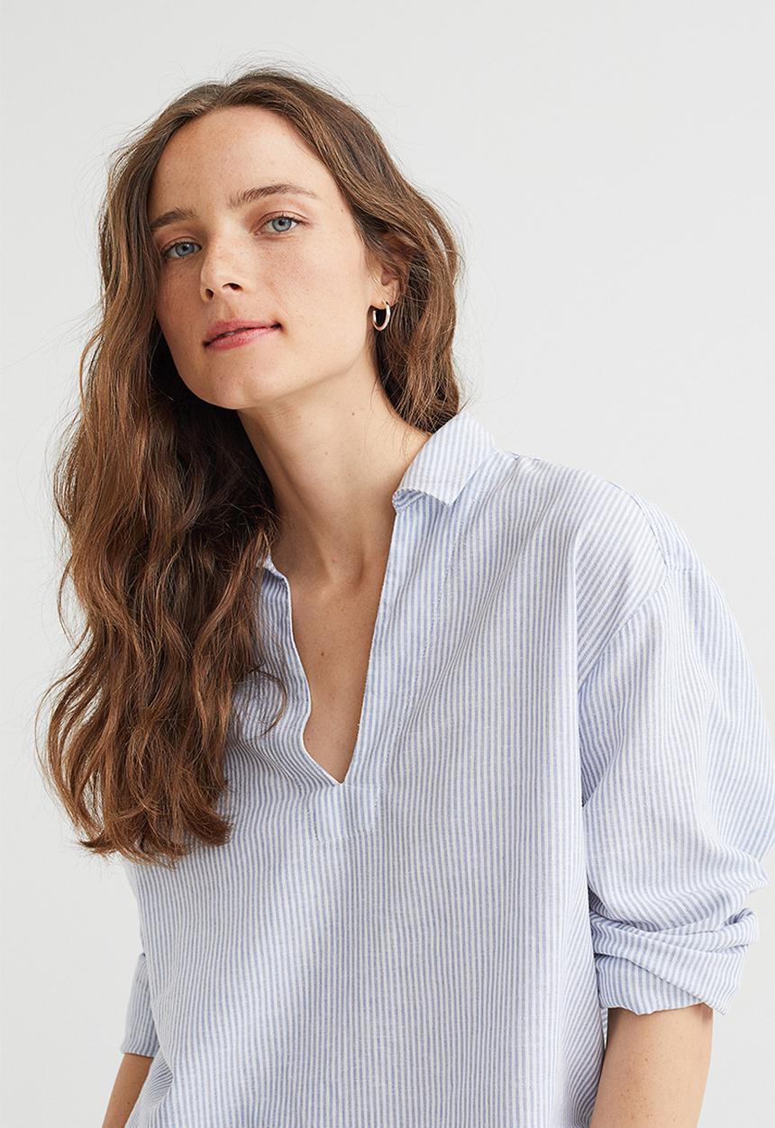 H&M - Popover linen-blend shirt - light blue/white striped