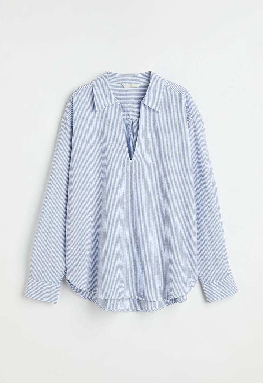H&M - Popover linen-blend shirt - light blue/white striped
