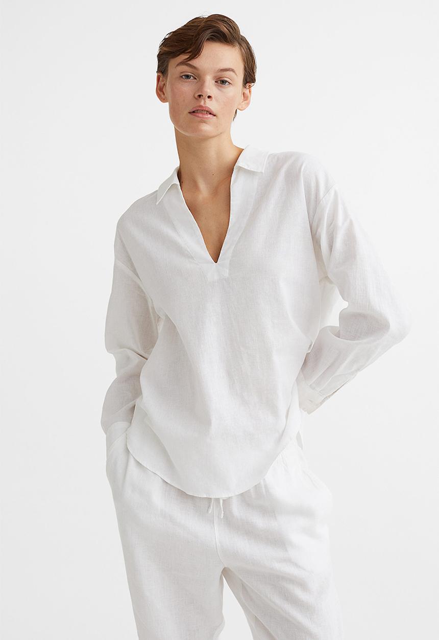 H&M - Popover linen-blend shirt - white