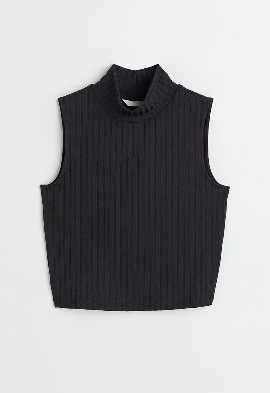H&M - Ribbed stand-up collar top - black
