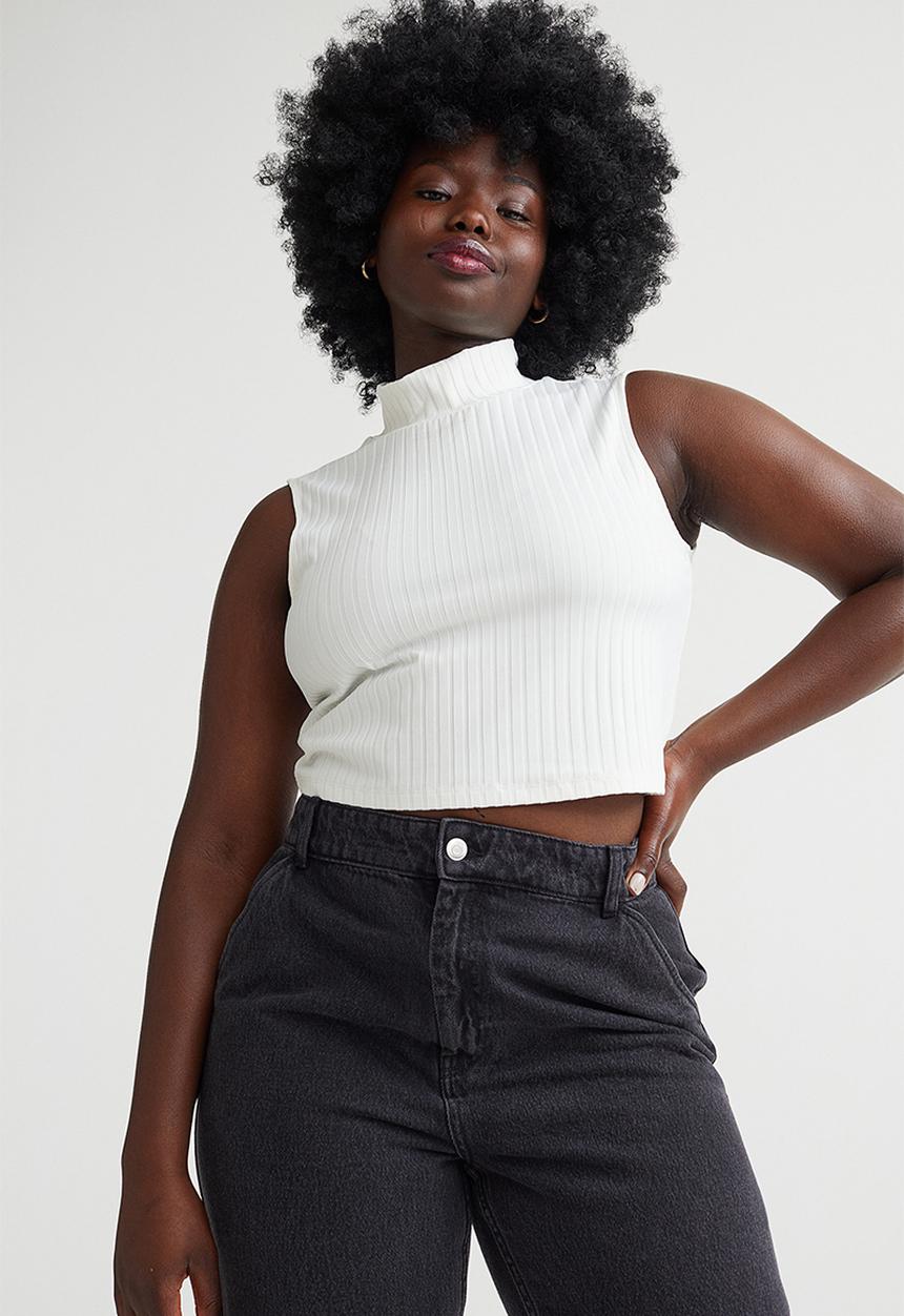 H&M - Ribbed stand-up collar top - white