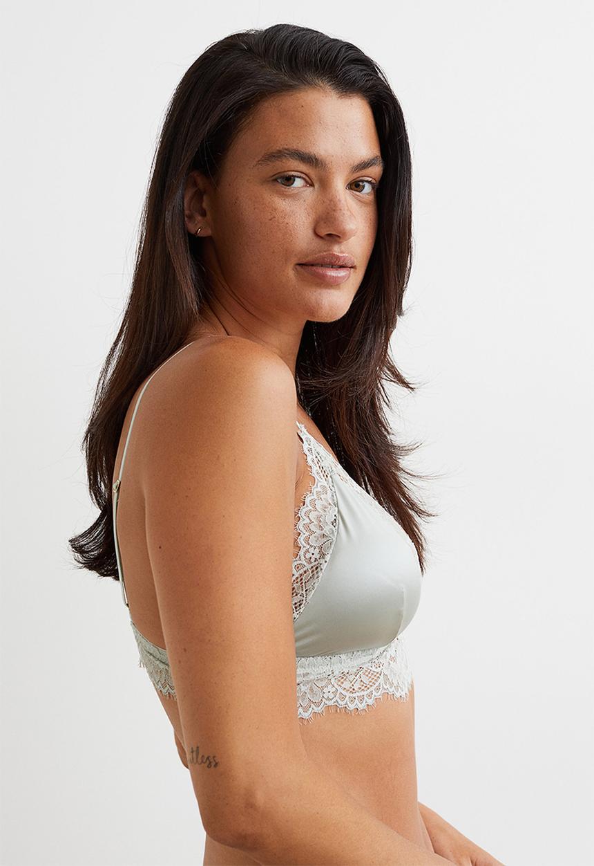 H&M - Lace-trimmed bralette - light grey-green