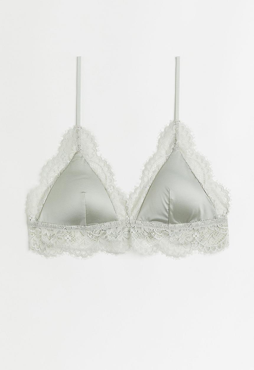 H&M - Lace-trimmed bralette - light grey-green