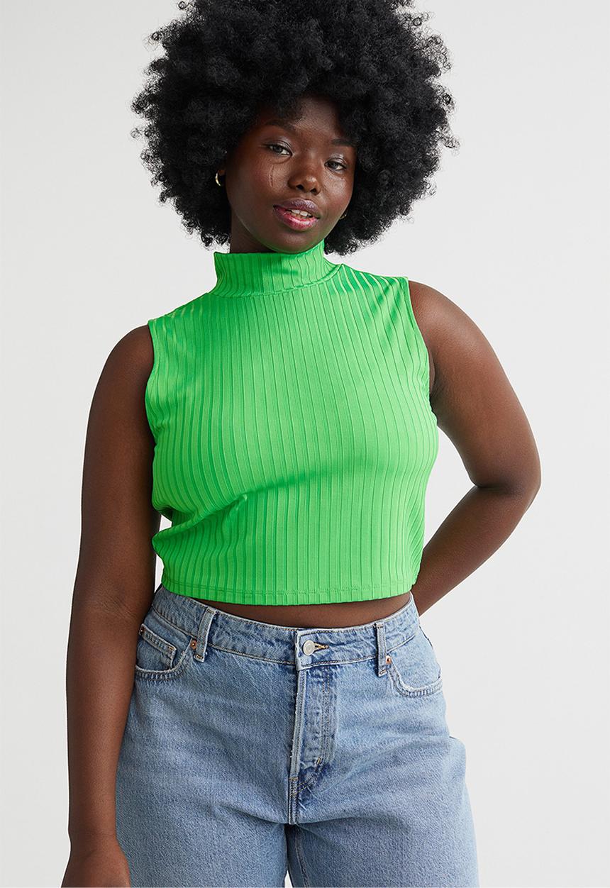 H&M - Ribbed stand-up collar top - bright green