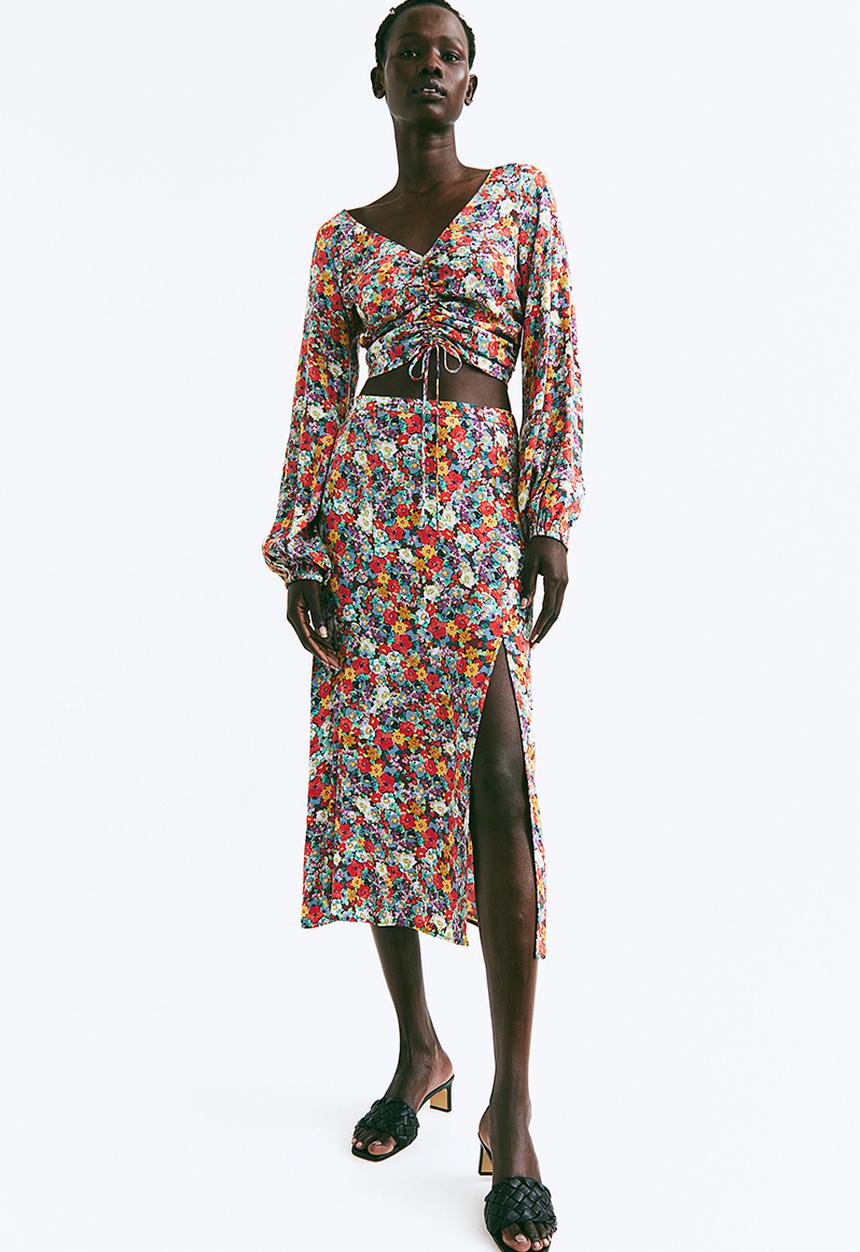 H&M - Drawstring-front crêpe blouse - red/floral