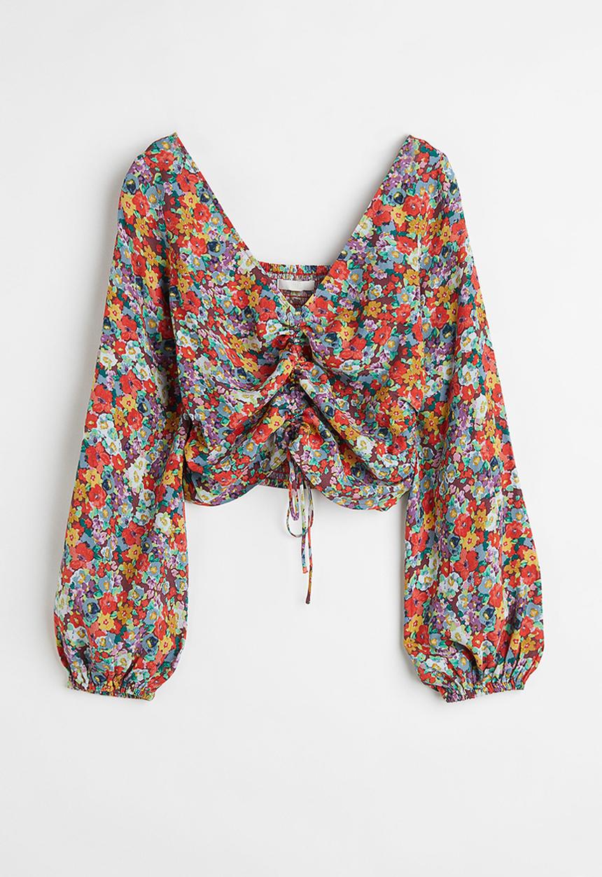 H&M - Drawstring-front crêpe blouse - red/floral