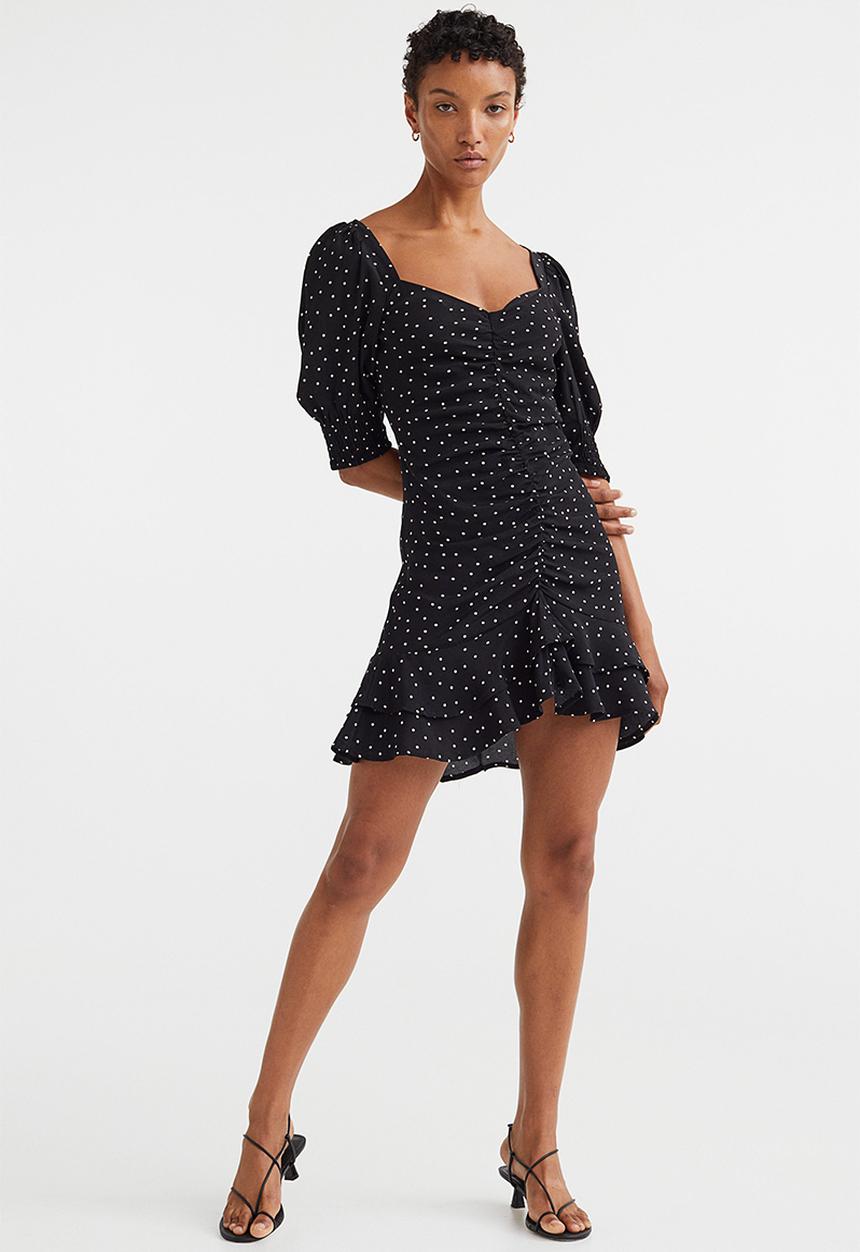 H&M - Puff-sleeved dress - black/spotted