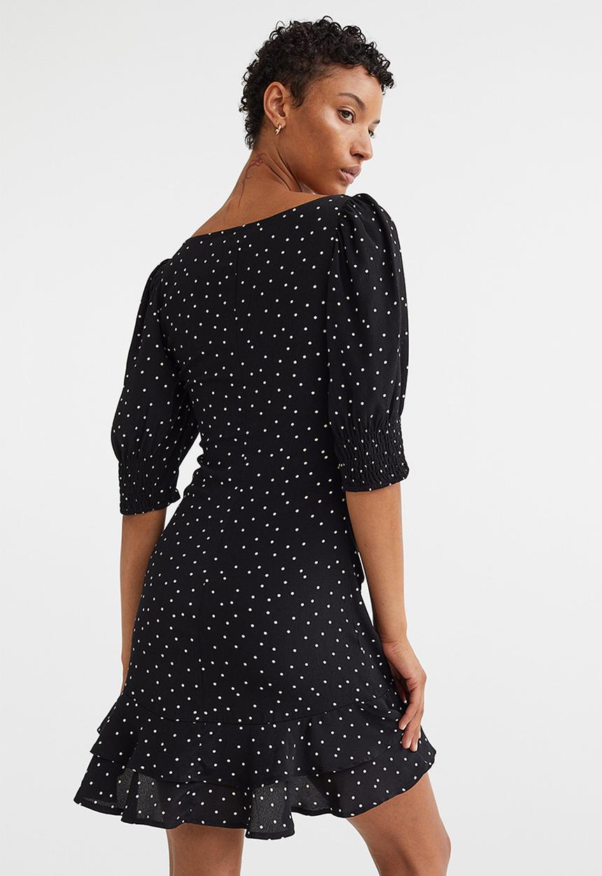 H&M - Puff-sleeved dress - black/spotted