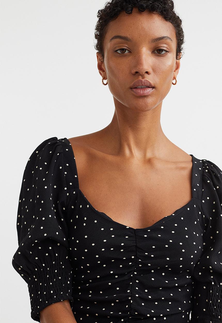 H&M - Puff-sleeved dress - black/spotted