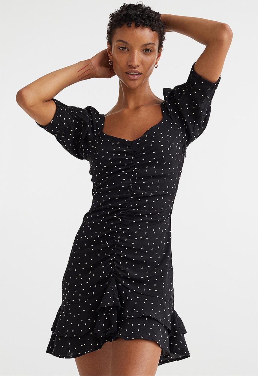 H&M - Puff-sleeved dress - black/spotted