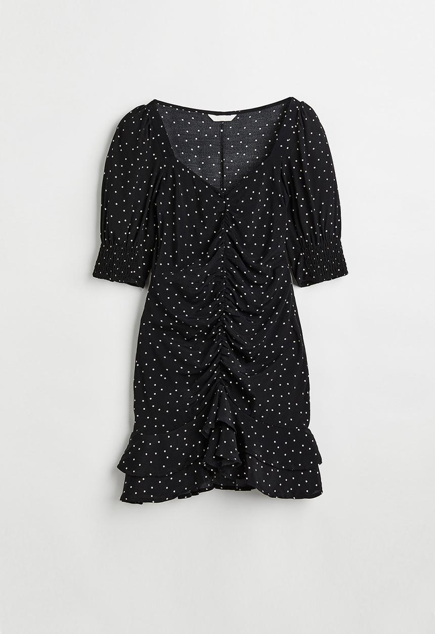 H&M - Puff-sleeved dress - black/spotted