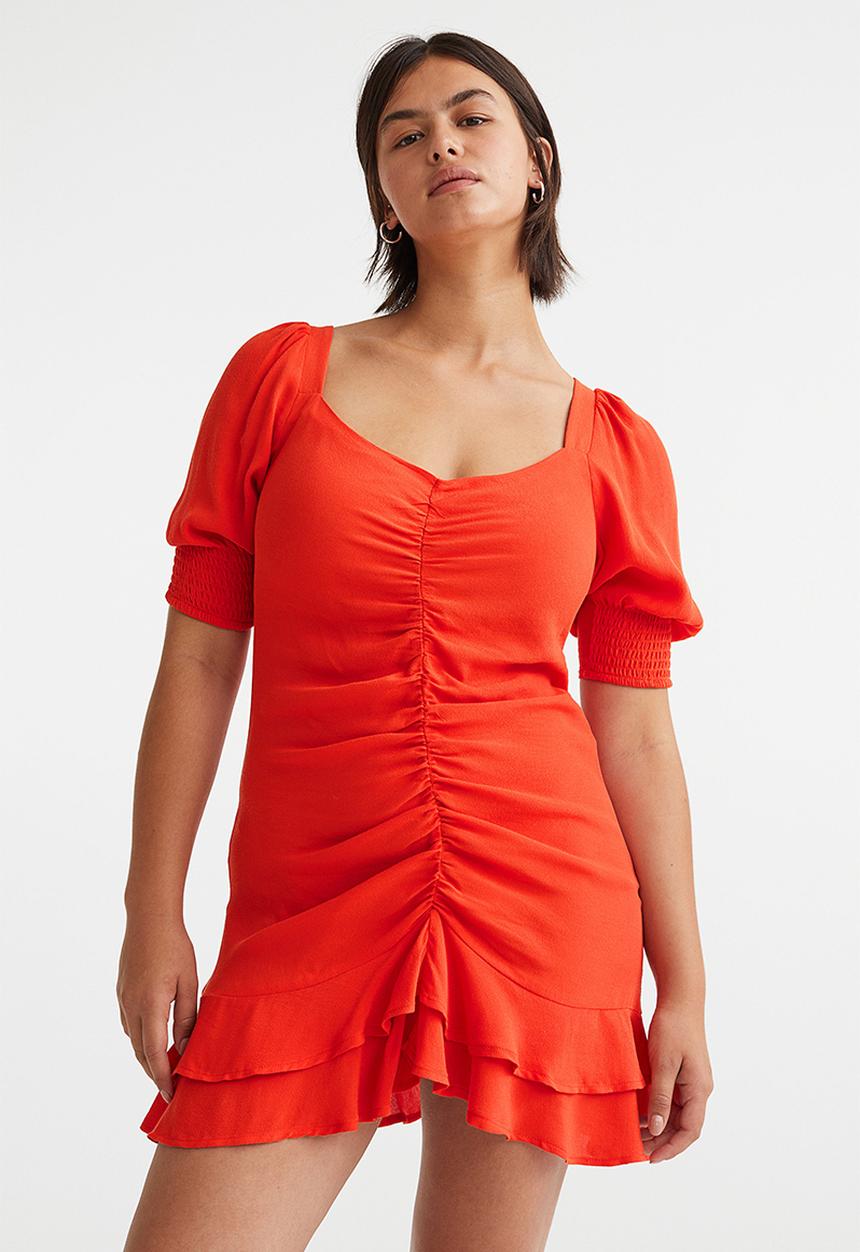 H&M - Puff-sleeved dress - bright orange
