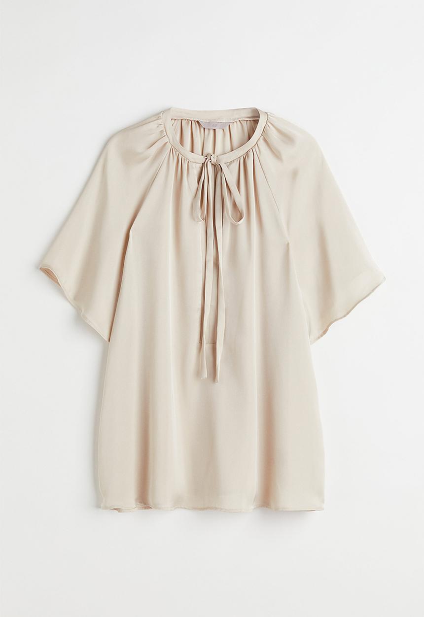 H&M - Short-sleeved tie-detail blouse - light beige