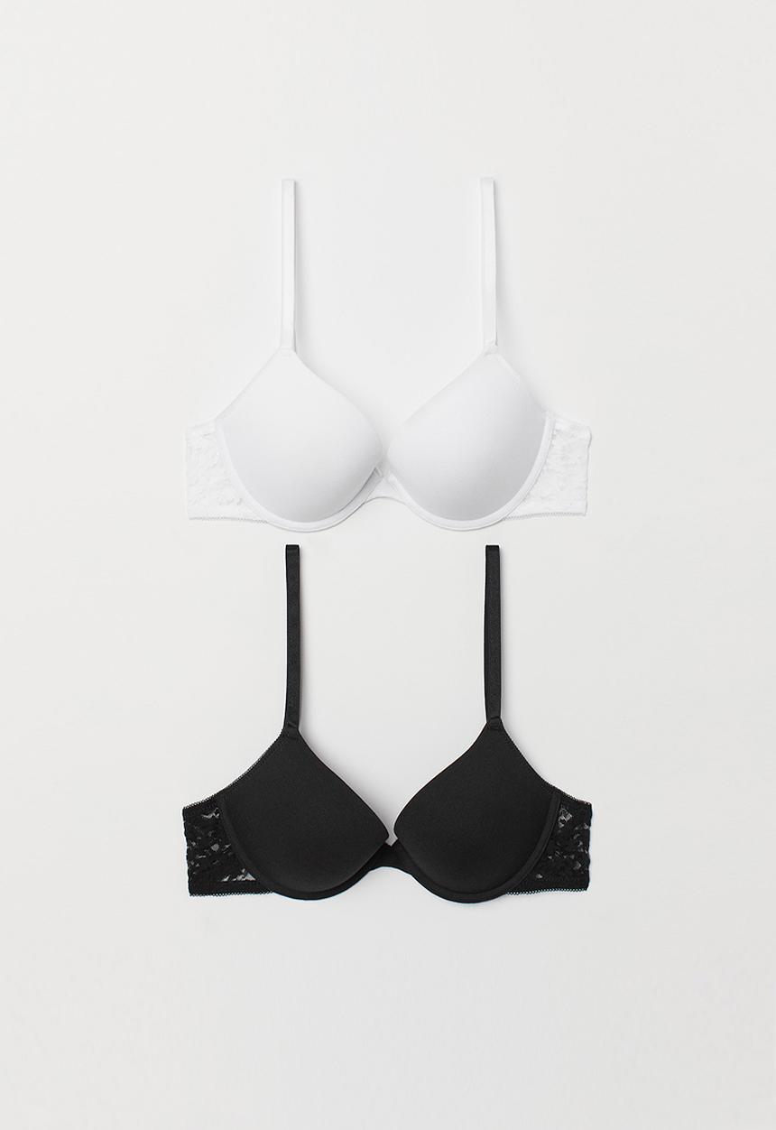 H&M - 2 Pack cotton push-up bras - white/black