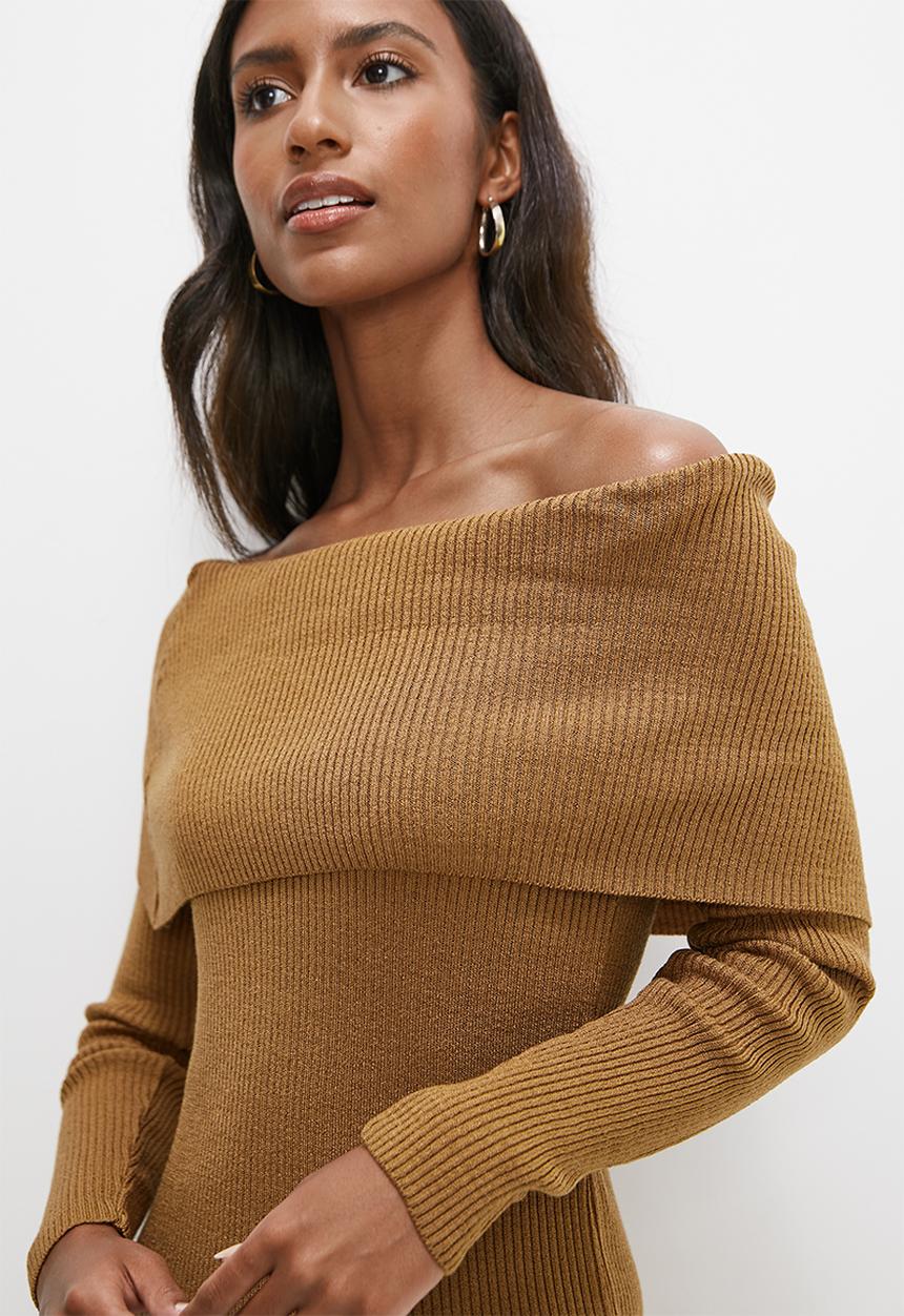 edit - Rollover bardot knitwear dress - tobacco