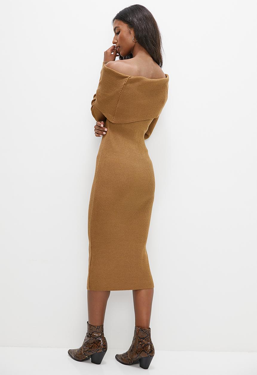 edit - Rollover bardot knitwear dress - tobacco
