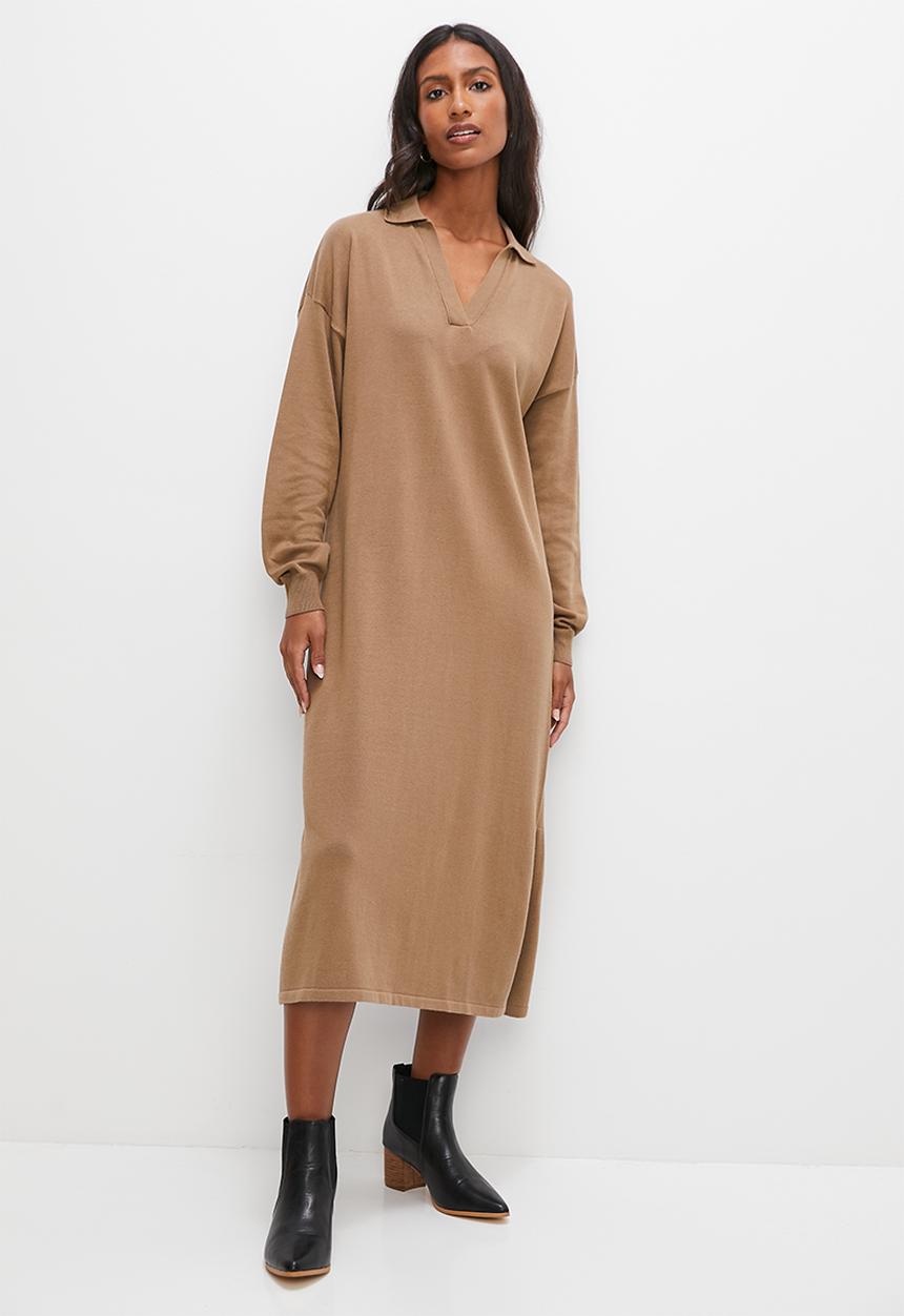 edit - Collared knitwear midi dress - med brown