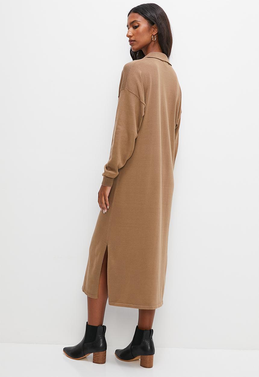 edit - Collared knitwear midi dress - med brown