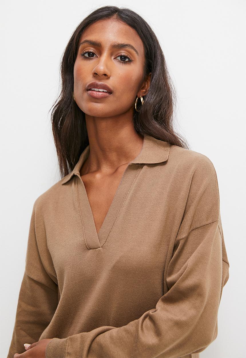 edit - Collared knitwear midi dress - med brown