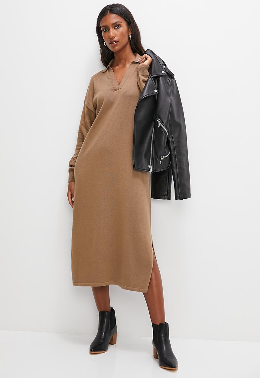 edit - Collared knitwear midi dress - med brown
