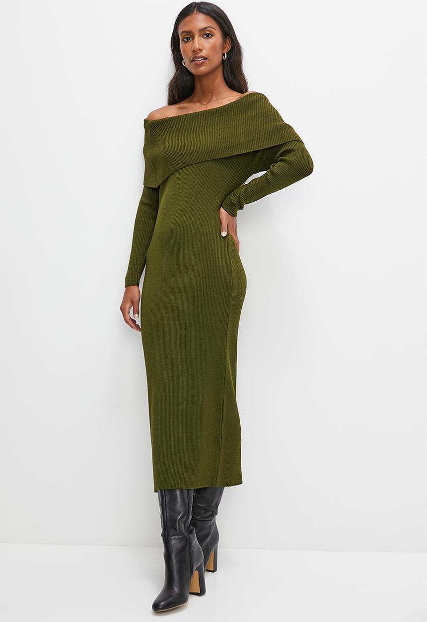 edit - Rollover bardot knitwear dress - fatigue