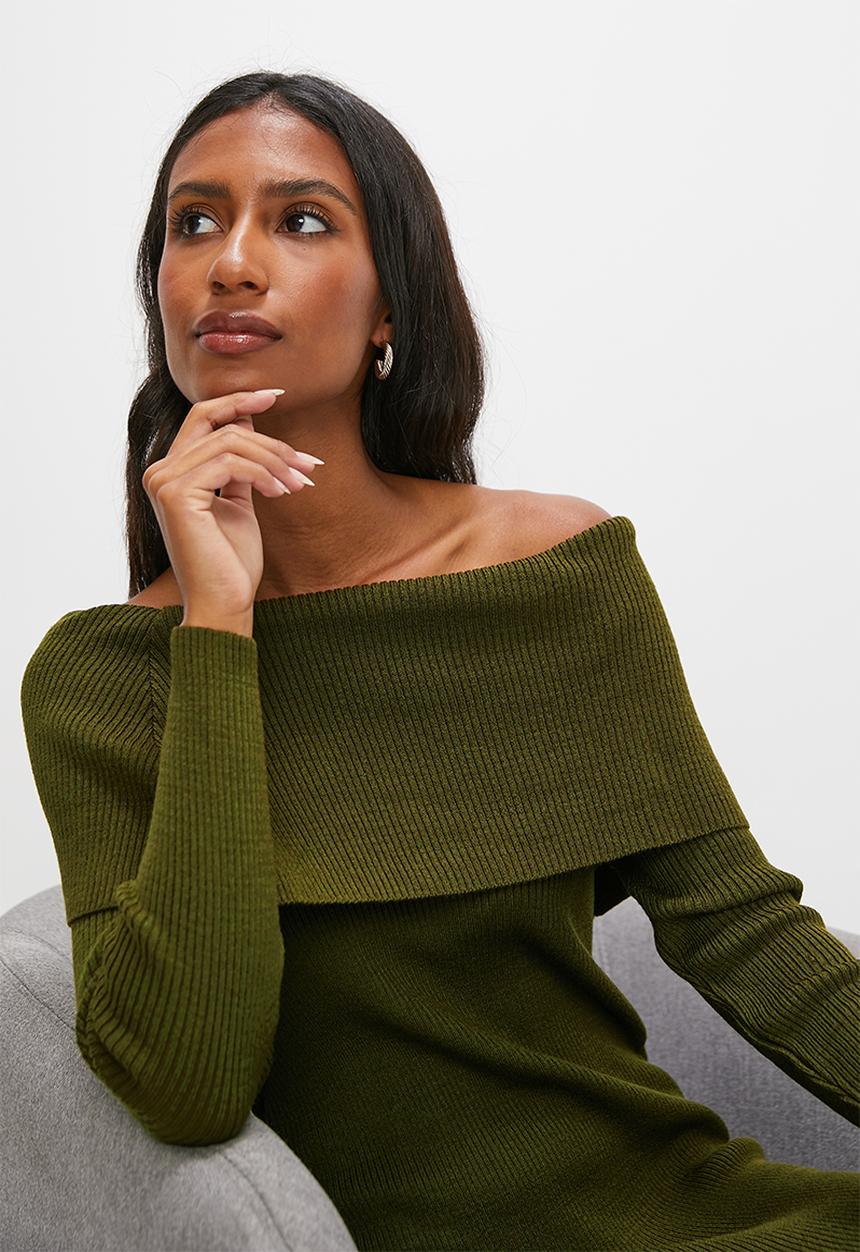 edit - Rollover bardot knitwear dress - fatigue
