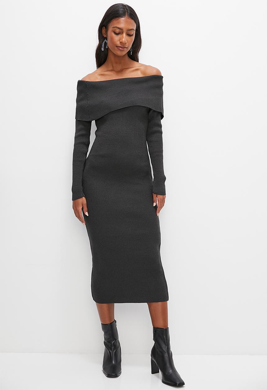 edit - Rollover bardot knitwear dress - charcoal grey
