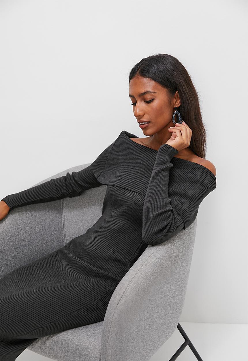 edit - Rollover bardot knitwear dress - charcoal grey