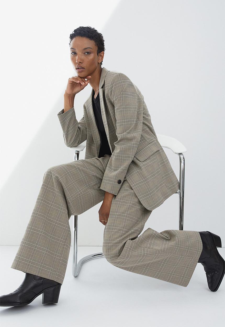 H&M - Wide trousers - dark beige/checked