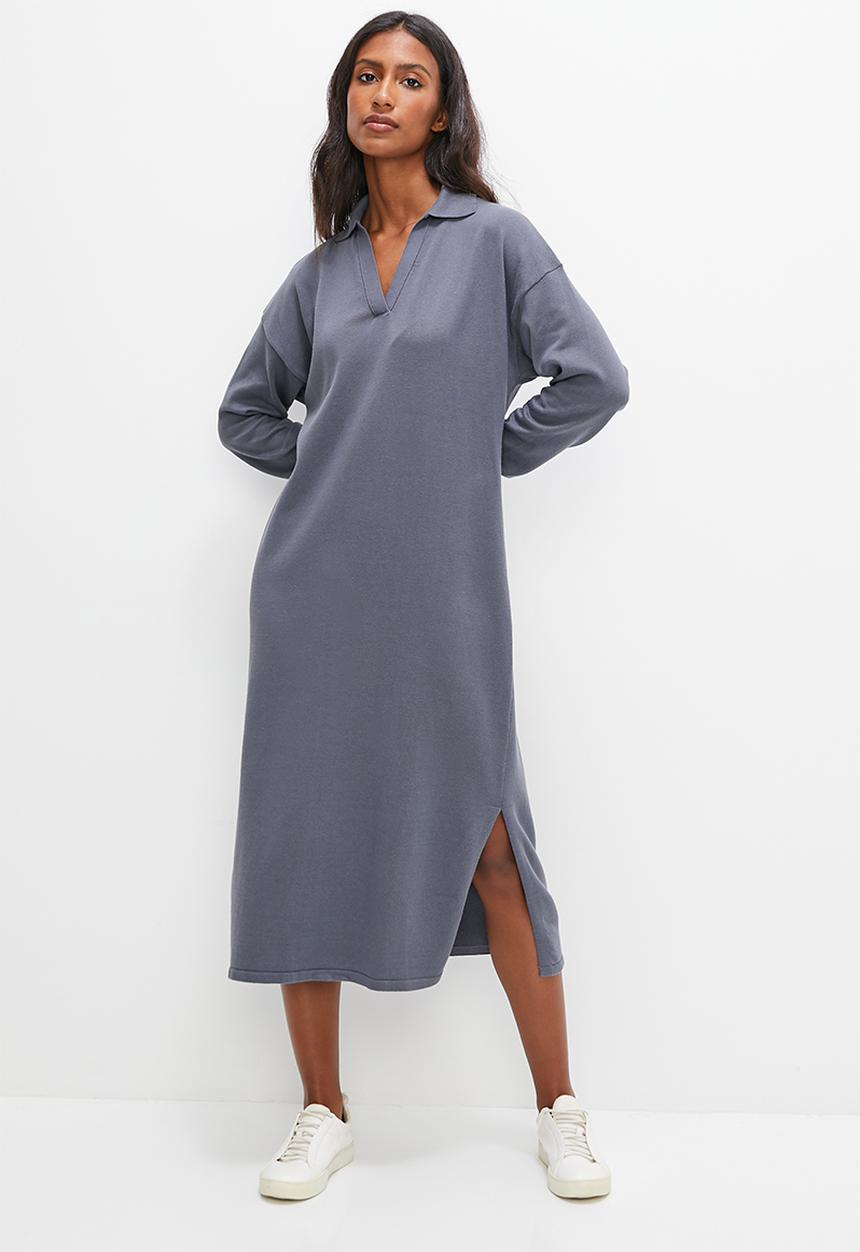 edit - Collared knitwear midi dress - slate grey
