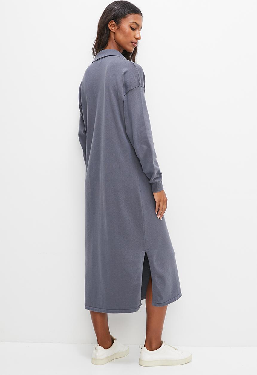 edit - Collared knitwear midi dress - slate grey