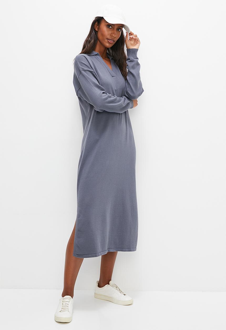 edit - Collared knitwear midi dress - slate grey