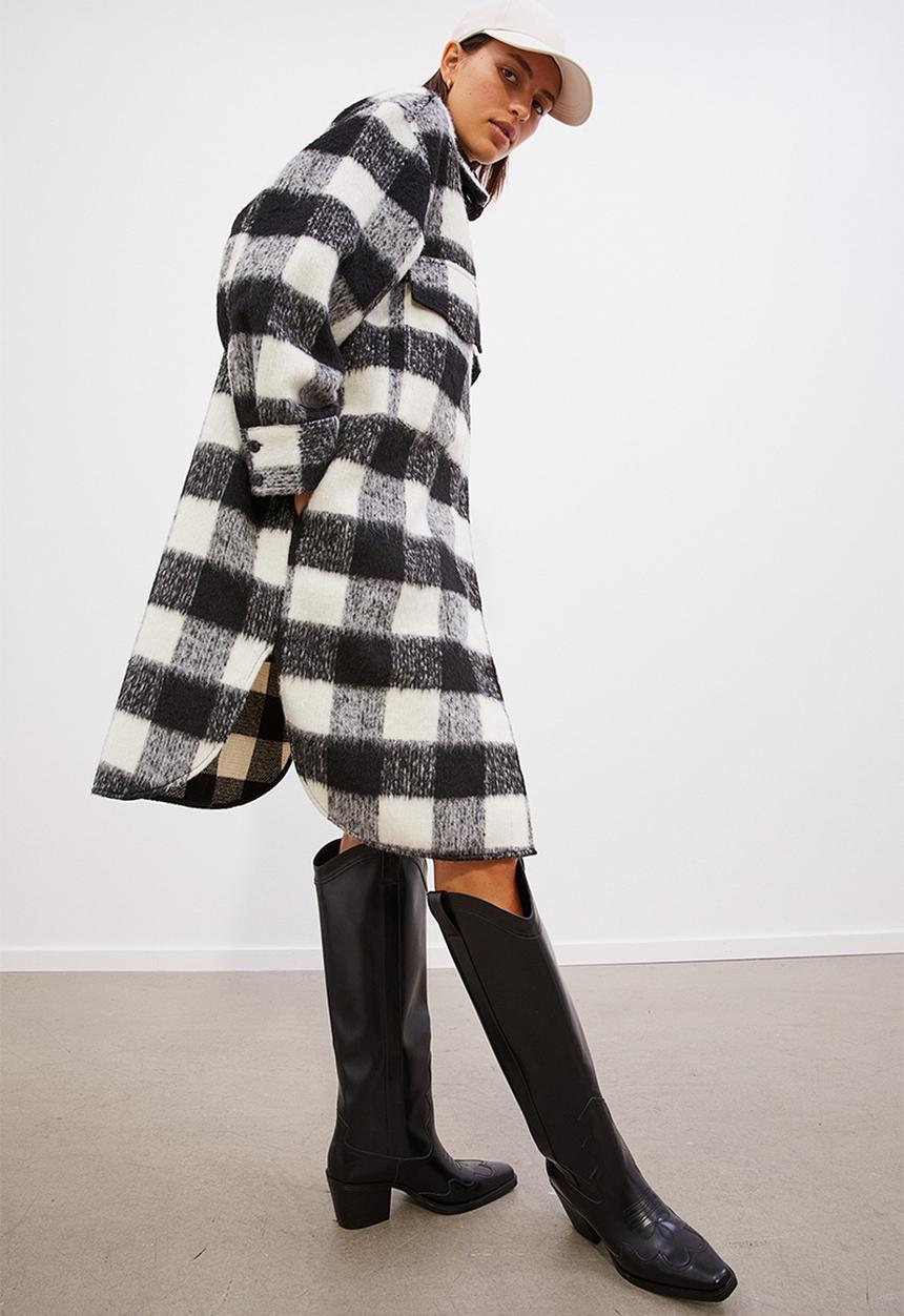H&M - Oversized long shacket - black/checked