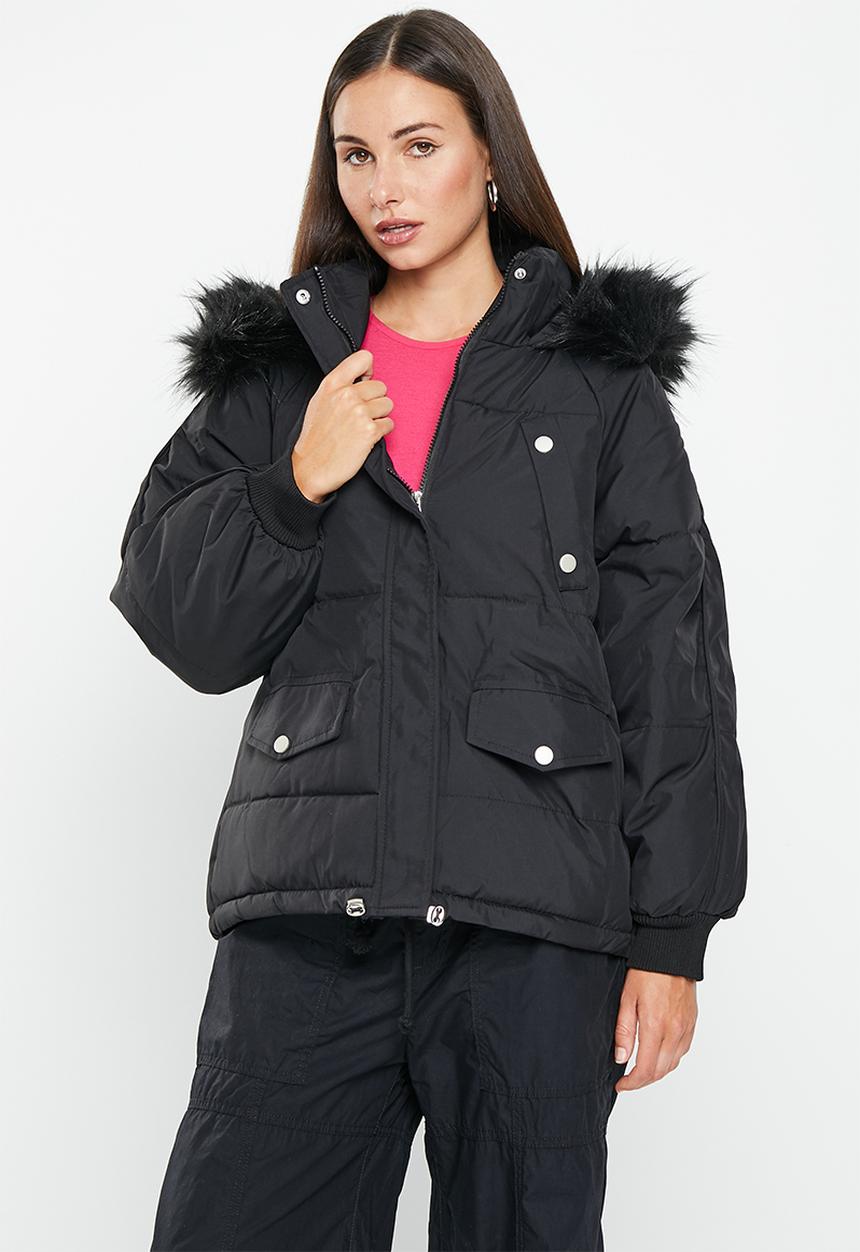 dailyfriday - Faux fur hood puffer - black