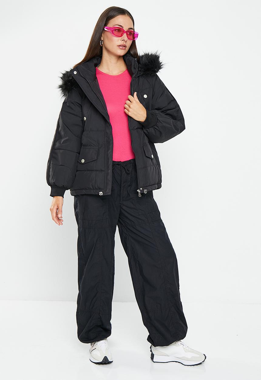 dailyfriday - Faux fur hood puffer - black