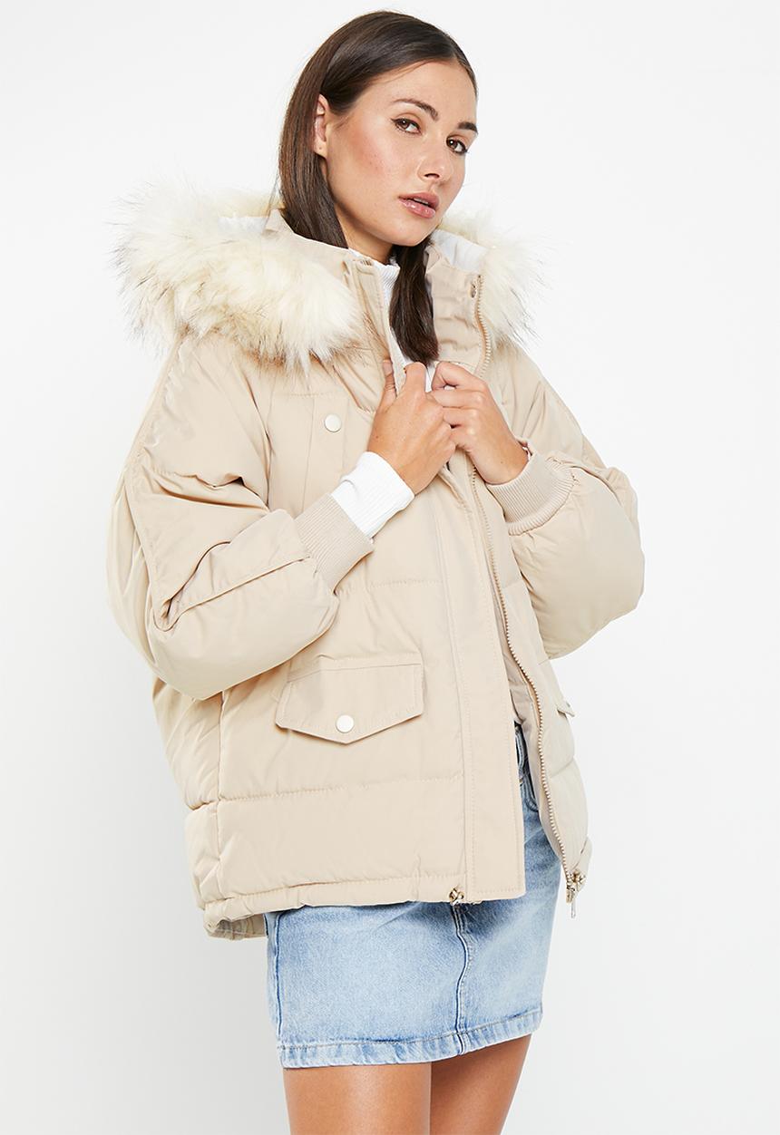 dailyfriday - Faux fur hood puffer - stone 