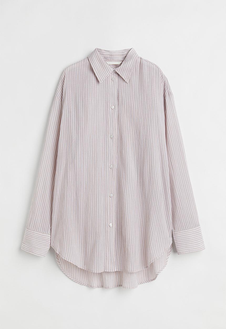 H&M - Crinkled cotton shirt - powder beige/striped