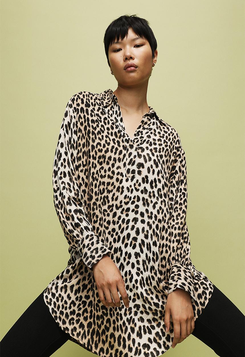 H&M - Balloon-sleeved shirt dress - beige/leopard print