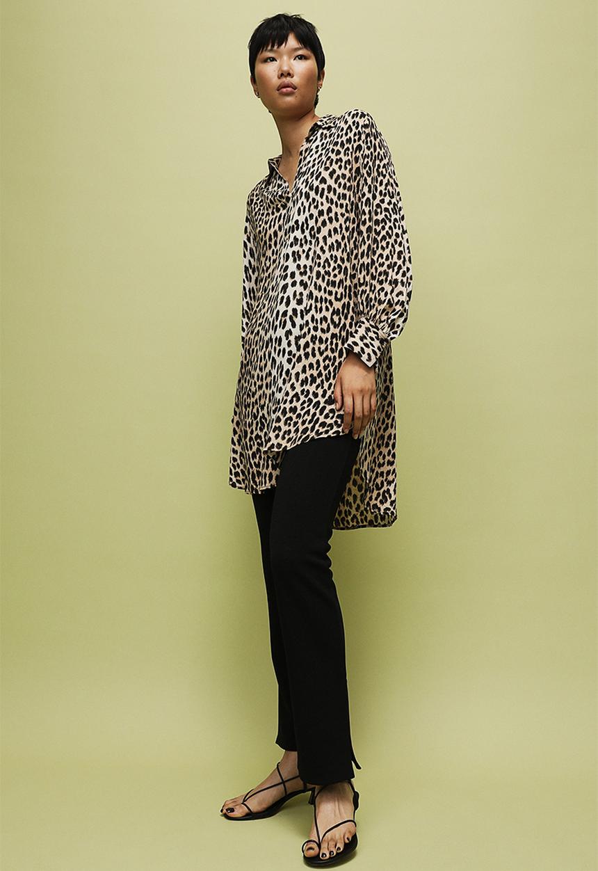 H&M - Balloon-sleeved shirt dress - beige/leopard print