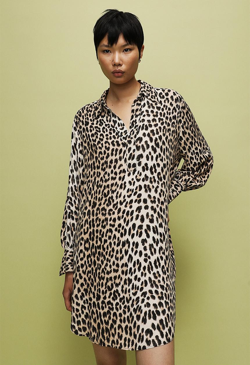 H&M - Balloon-sleeved shirt dress - beige/leopard print