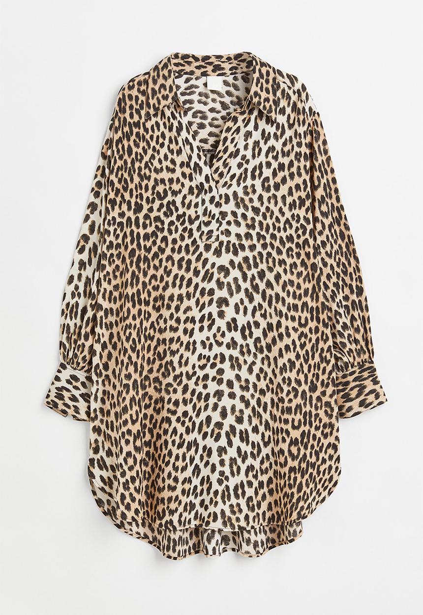 H&M - Balloon-sleeved shirt dress - beige/leopard print