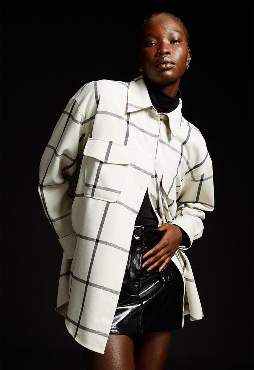 H&M - Oversized twill overshirt - light beige/checked