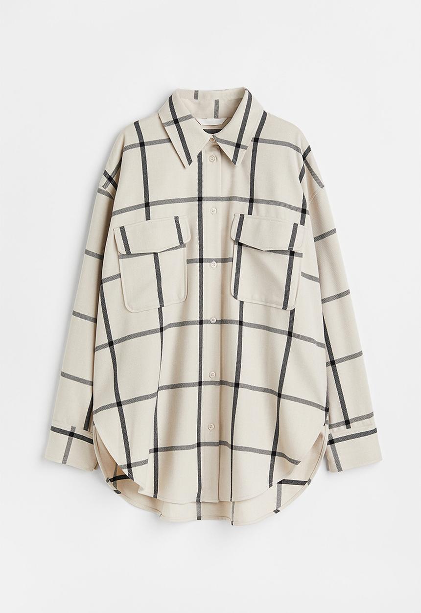 H&M - Oversized twill overshirt - light beige/checked
