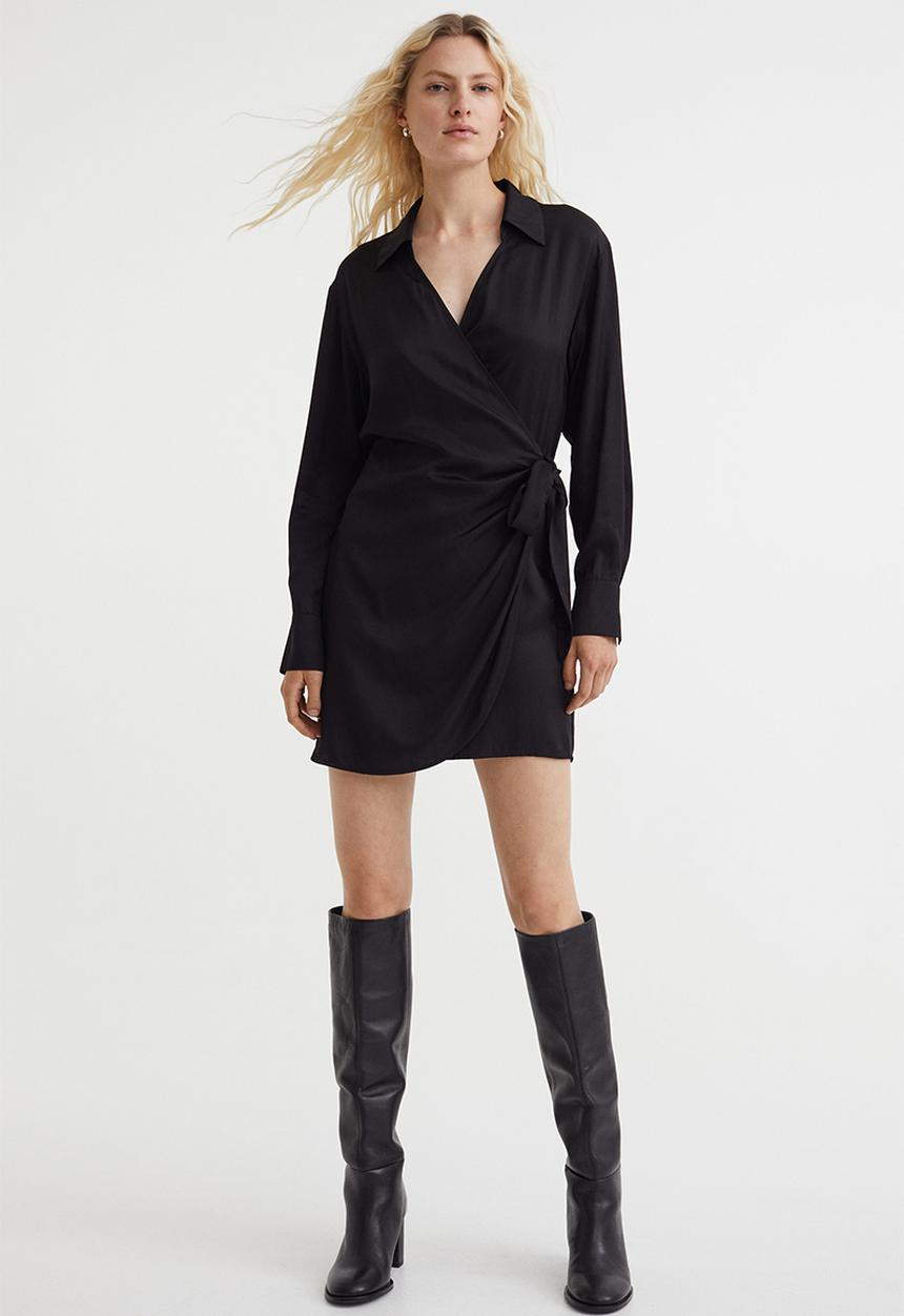 H&M - Satin wrapover shirt dress - black