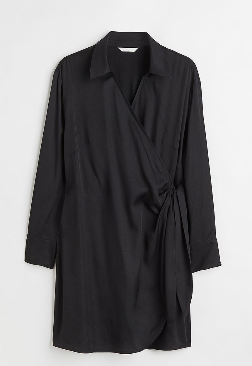 H&M - Satin wrapover shirt dress - black