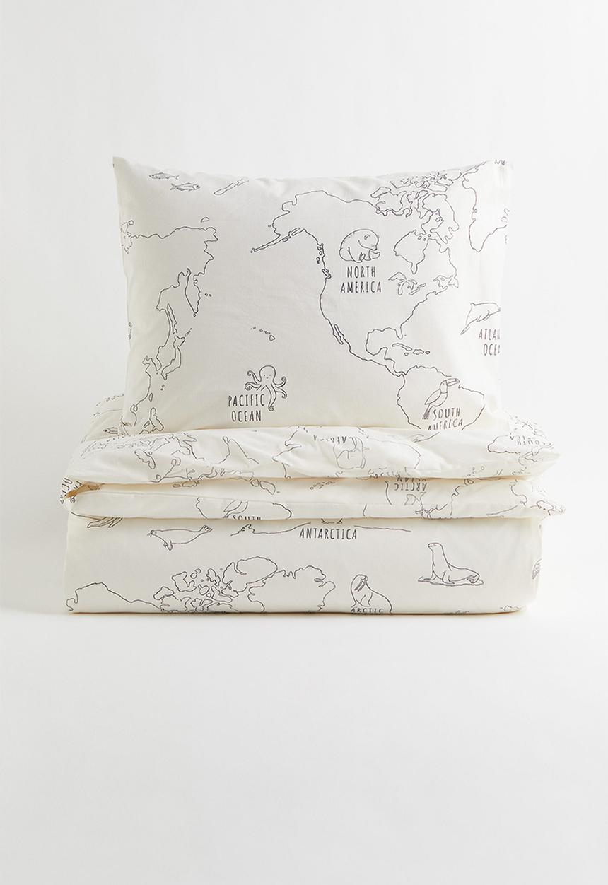 H&M - Cotton single duvet cover set - multi/white