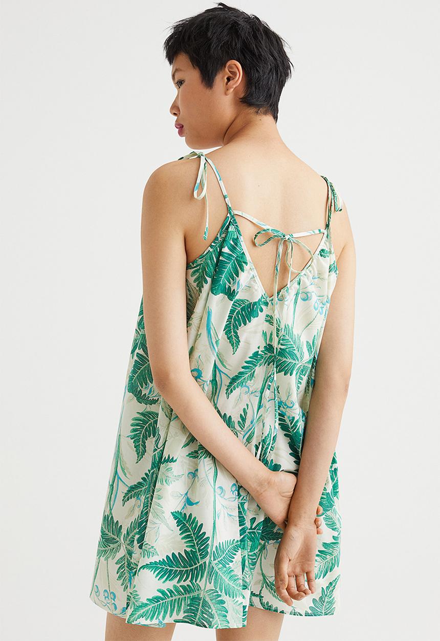 H&M - V-neck mini dress - light beige/ferns