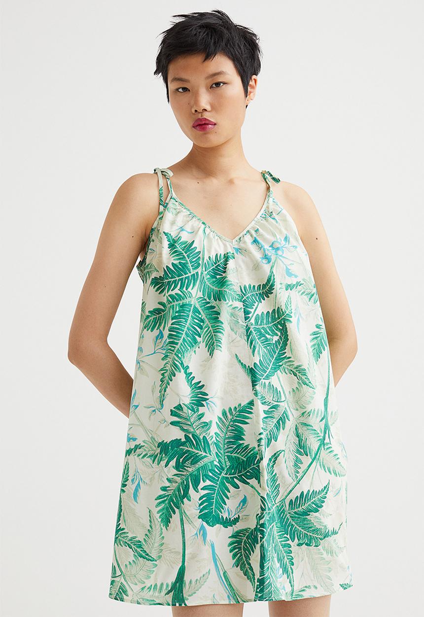 H&M - V-neck mini dress - light beige/ferns