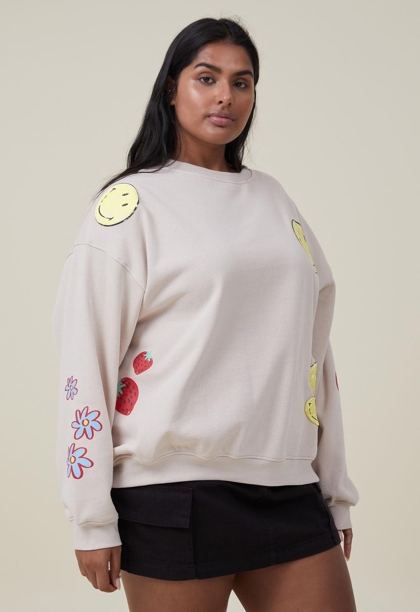 Cotton On - curve smiley crew sweatshirt - lcn smi smiley icons/stone